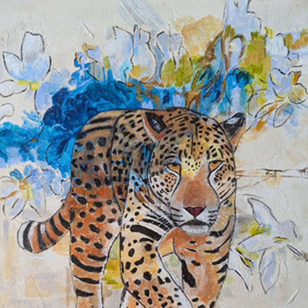 Original Painting Jaguar and Florals on Canvas Wall Art